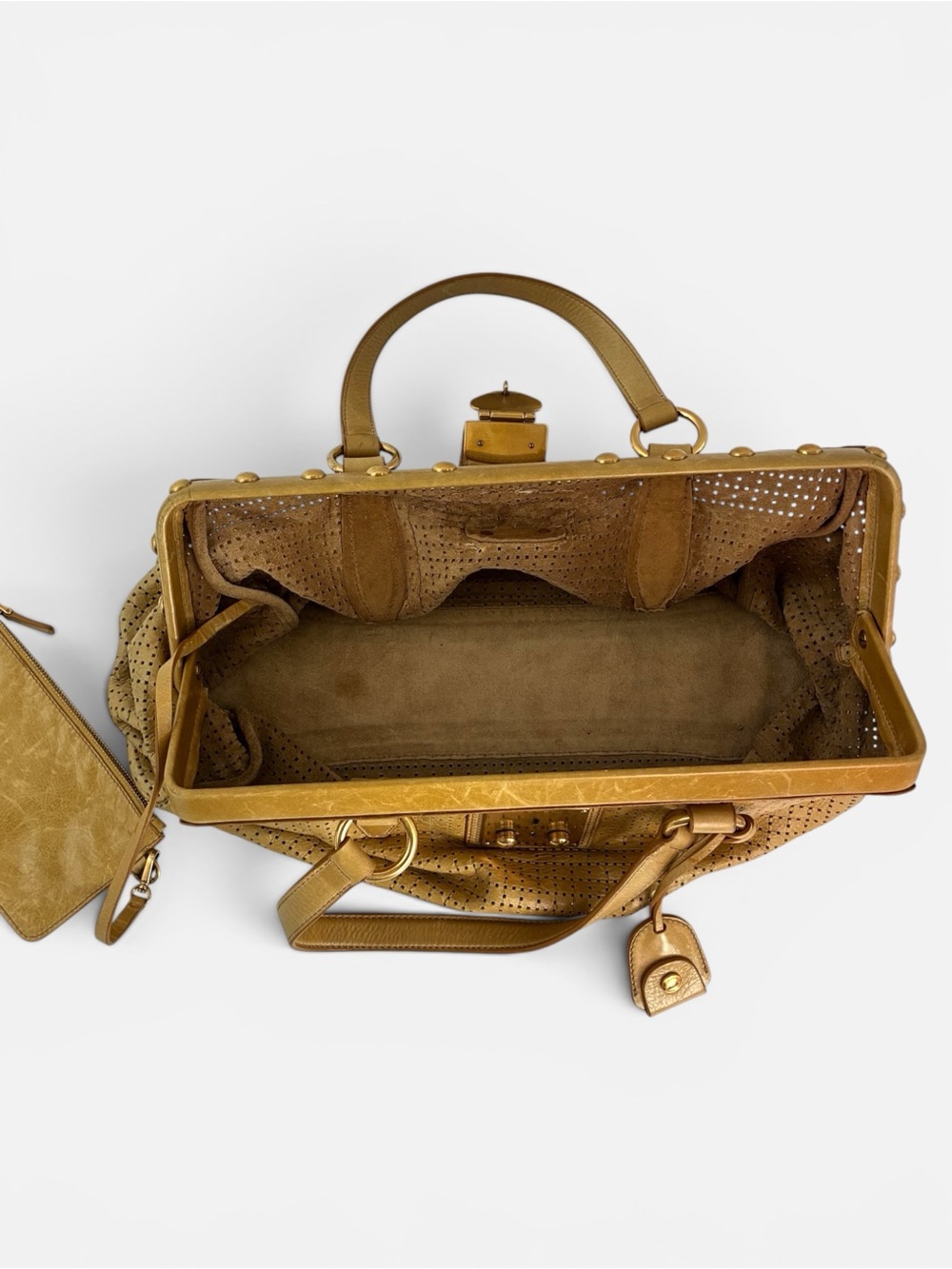 Miu Miu Perforated Gold-Tan Leather Satchel - Picture 9 of 12